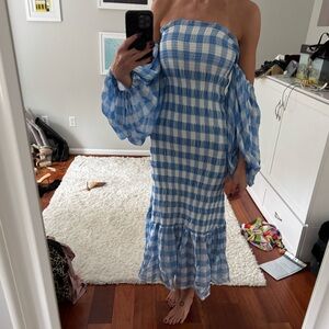 Sundress Blue and White Gingham Off-Shoulder Dress